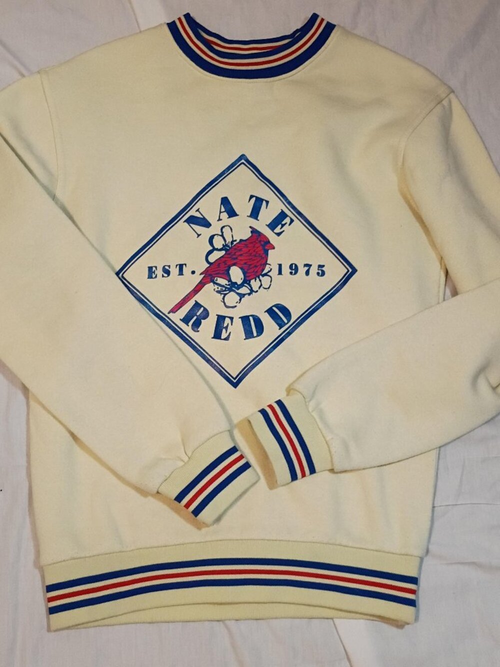 Nate Redd Sweatshirt Women's Small Navy Blue Red Retro Vintage Inspired American